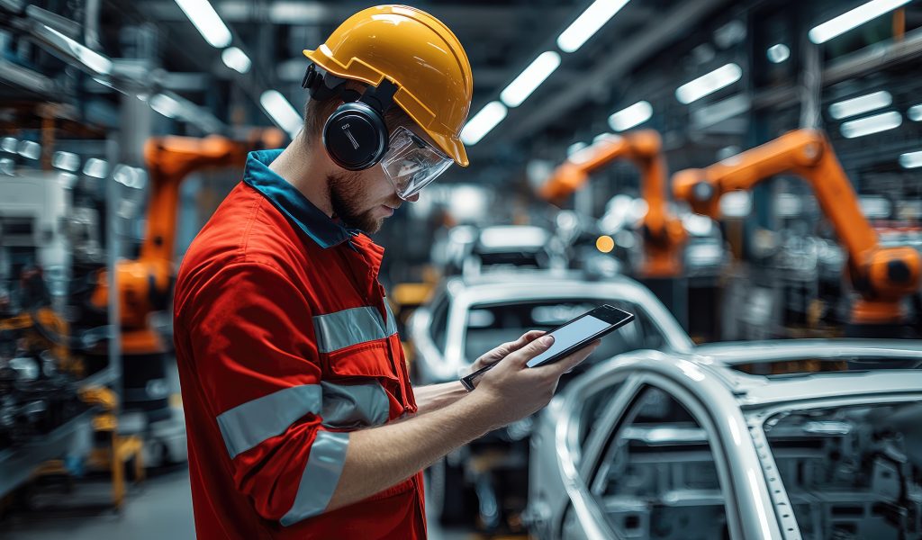 In a bustling automotive plant, an engineer monitors real-time factory performance on a digital tablet while robotic arms assemble car frames in the background.